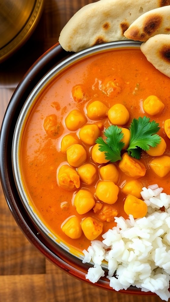 A bowl of creamy coconut chickpea curry garnished with cilantro, served with rice and naan on a wooden table.