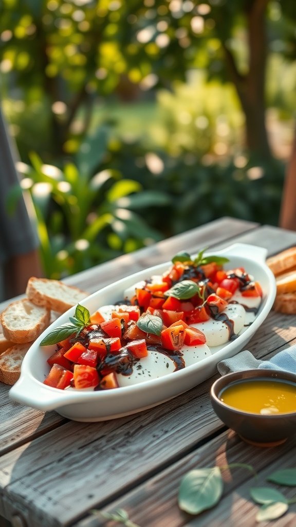 A summer appetizer featuring creamy Boursin cheese with tomatoes and basil on a rustic wooden table, with toasted baguette and olive oil.
