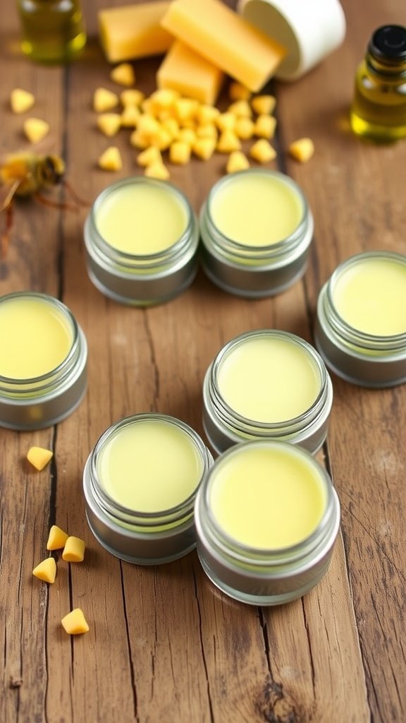 Homemade beef tallow lip balm in containers on a wooden table with beeswax and essential oils.