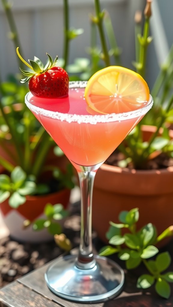 Strawberry Lemon Drop Martini in a sugar-rimmed glass, garnished with strawberry and lemon twist, outdoors.