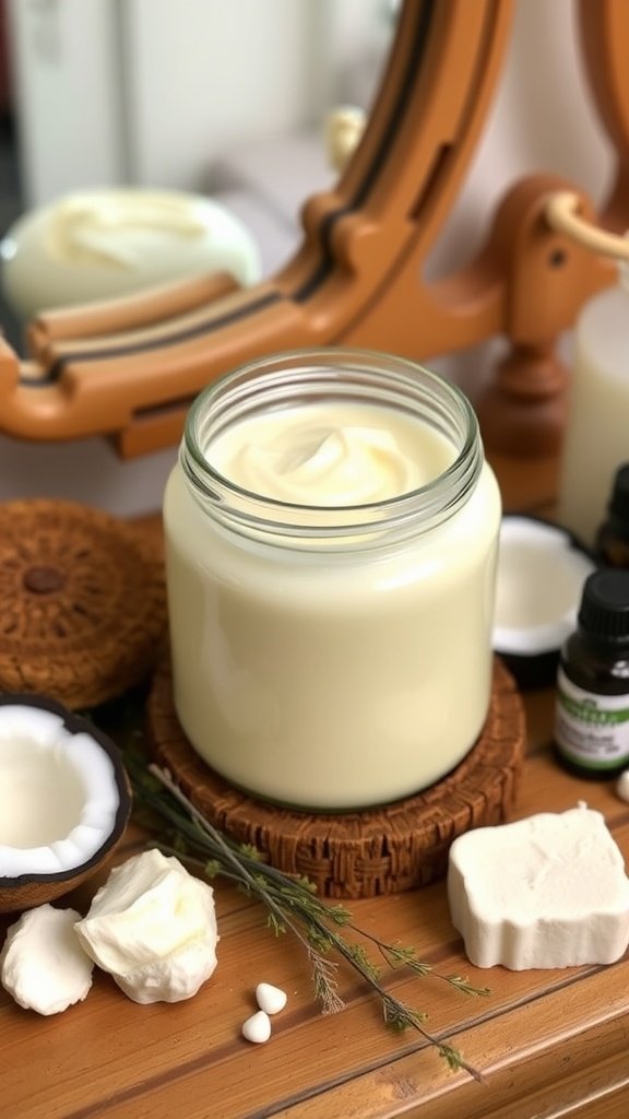 Homemade beef tallow body cream in a jar on a wooden vanity with natural ingredients.