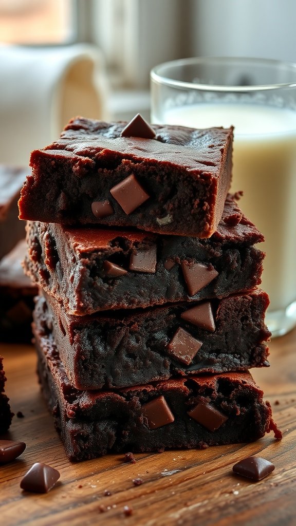 A delicious stack of fudgy brownies with chocolate chunks and a glass of milk on a rustic wooden table.
