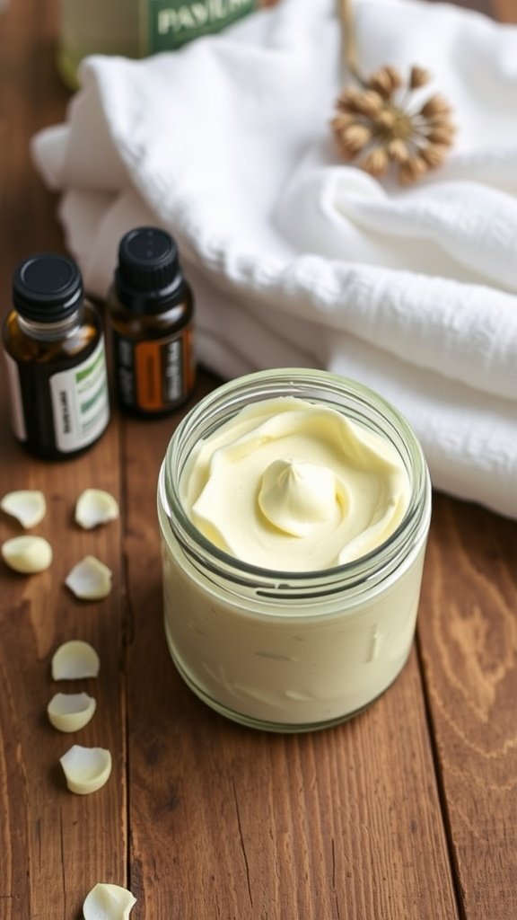 Jar of whipped body butter made with beef tallow, surrounded by essential oils and towels.