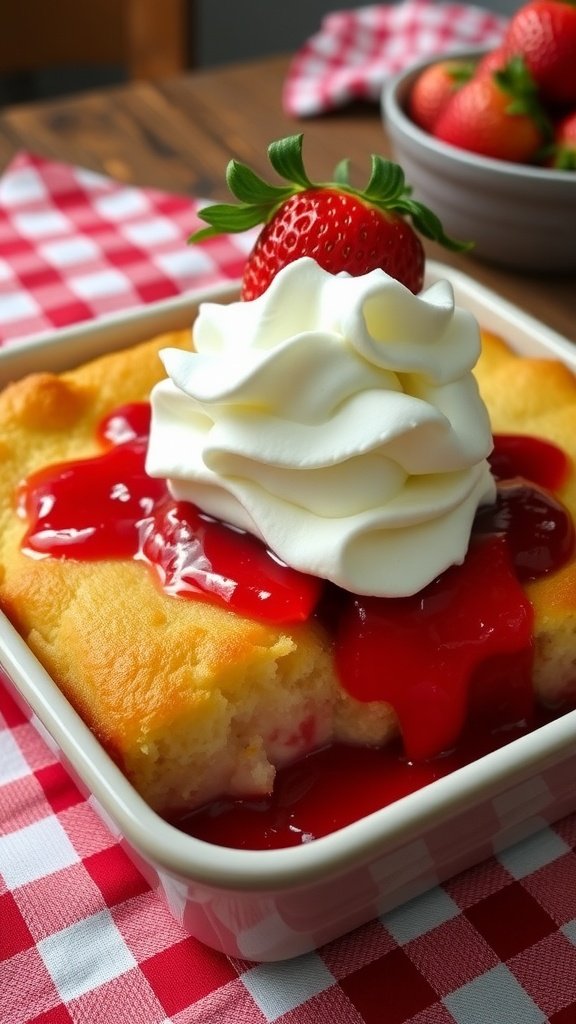 A square baking dish of strawberry cheesecake dump cake topped with whipped cream and a fresh strawberry, set on a rustic kitchen table with a checkered cloth.