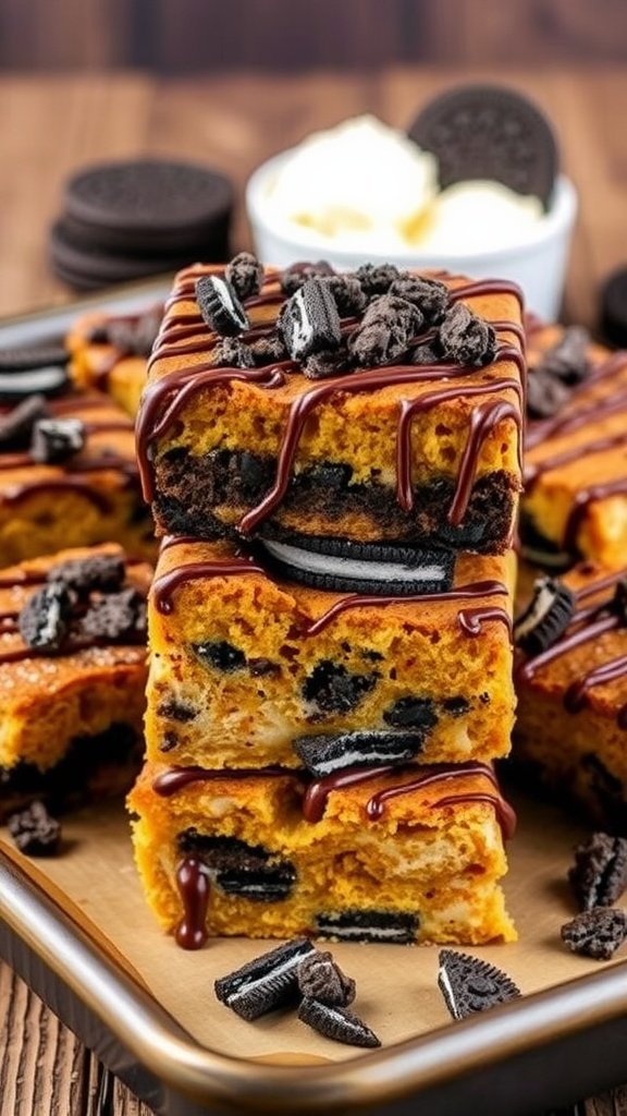 A tray of three-layer Slutty Brownies with chocolate drizzle and Oreo crumbs, showcasing cookie dough, Oreo, and brownie layers.