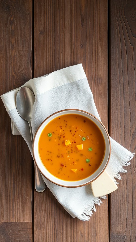 A bowl of creamy broccoli and red lentil soup garnished with red pepper flakes and parsley, accompanied by a spoon and linen napkin.