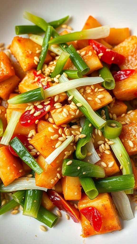 A vibrant stir-fry with scallions and sesame garnish