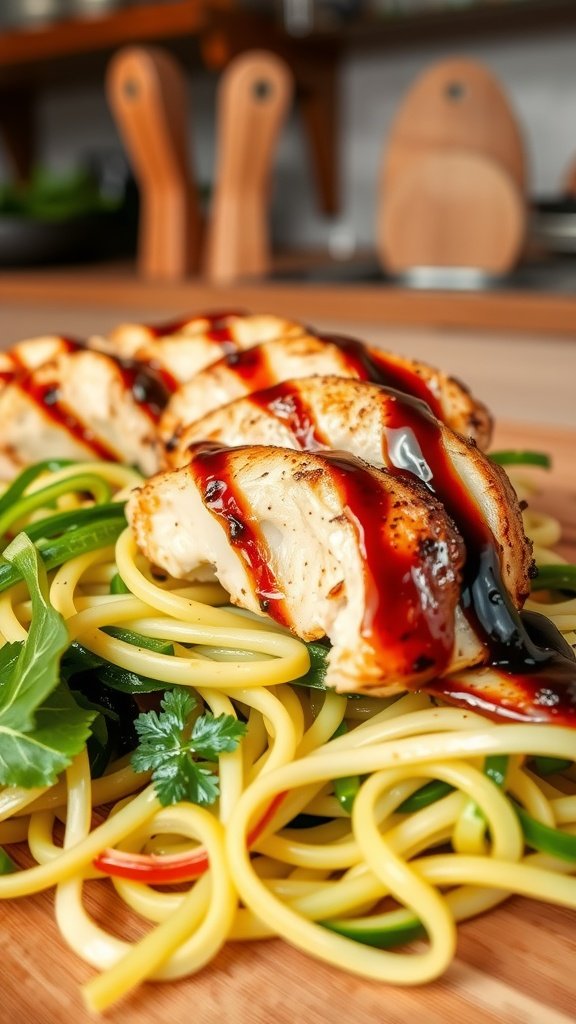Balsamic-marinated grilled chicken breast served on zoodles with tomatoes and basil