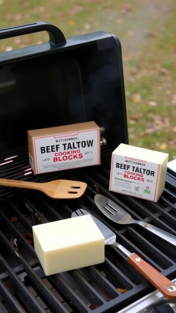 Beef Tallow Cooking Blocks by ButcherBox on a grill, showcasing packaging and cooking utensils.