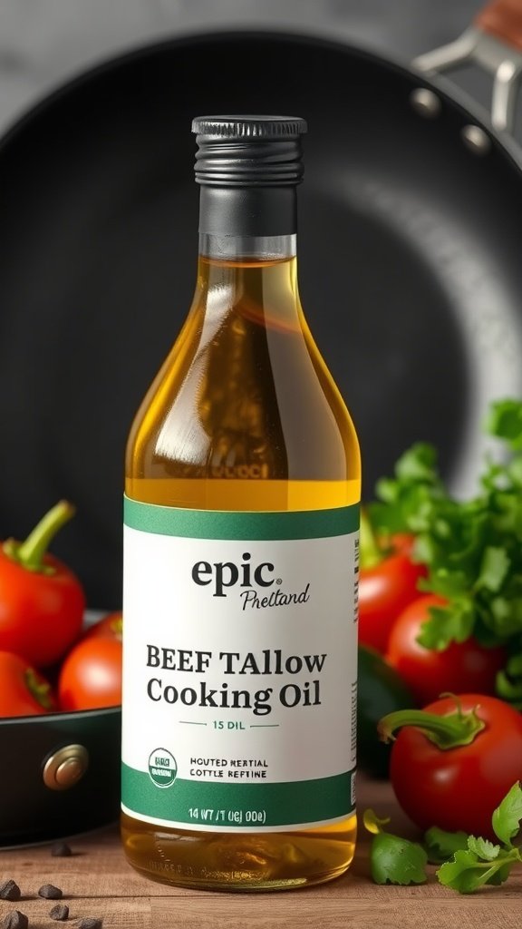 Bottle of Epic Beef Tallow Cooking Oil with fresh tomatoes and herbs in the background