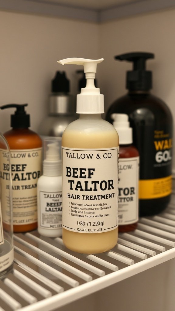 Beef Tallow Hair Treatment bottle from Tallow & Co on a shelf.