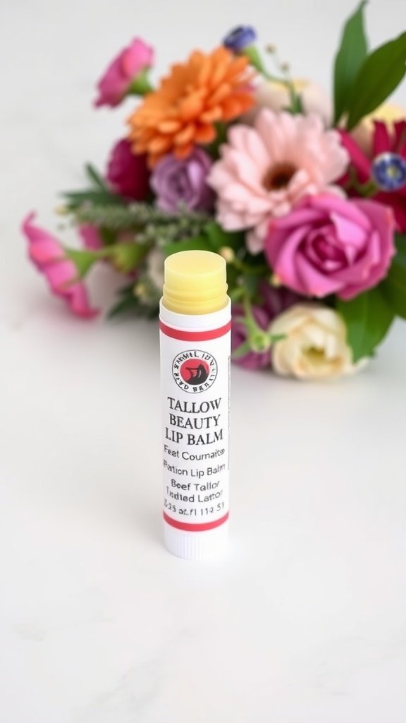 Beef Tallow Lip Balm by Tallow Beauty displayed with colorful flowers.
