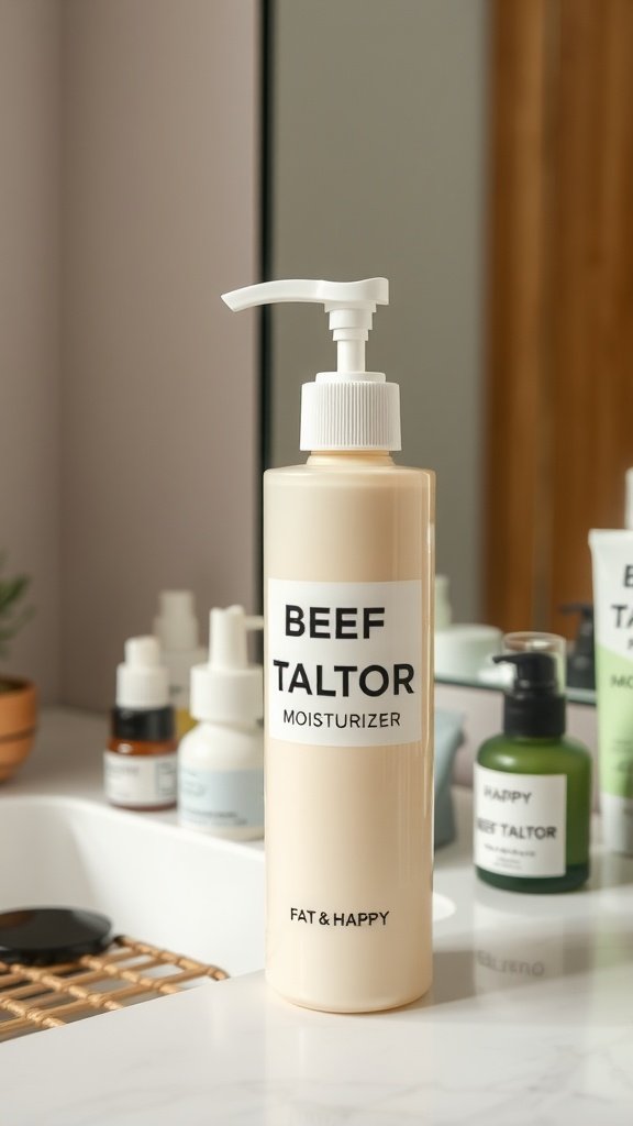 Bottle of Beef Tallow Moisturizer by Fat & Happy on a bathroom counter
