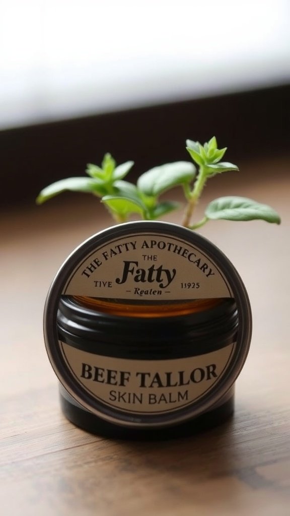Beef Tallow Skin Balm by The Fatty Apothecary in a stylish container with plant