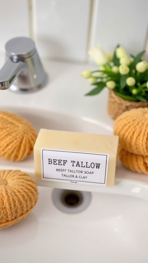 Beef Tallow Soap by Tallow & Clay displayed near a sink with loofahs and flowers