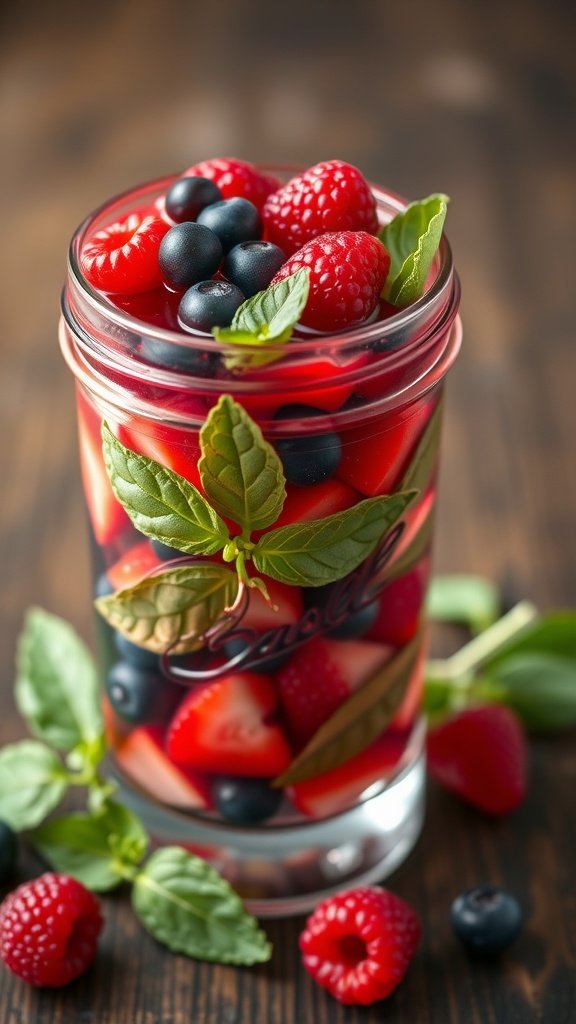 A refreshing Berry Basil Smash cocktail in a glass, garnished with fresh berries and basil leaves.