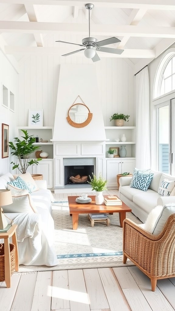 Bright coastal inspired living room with white walls and natural decor.