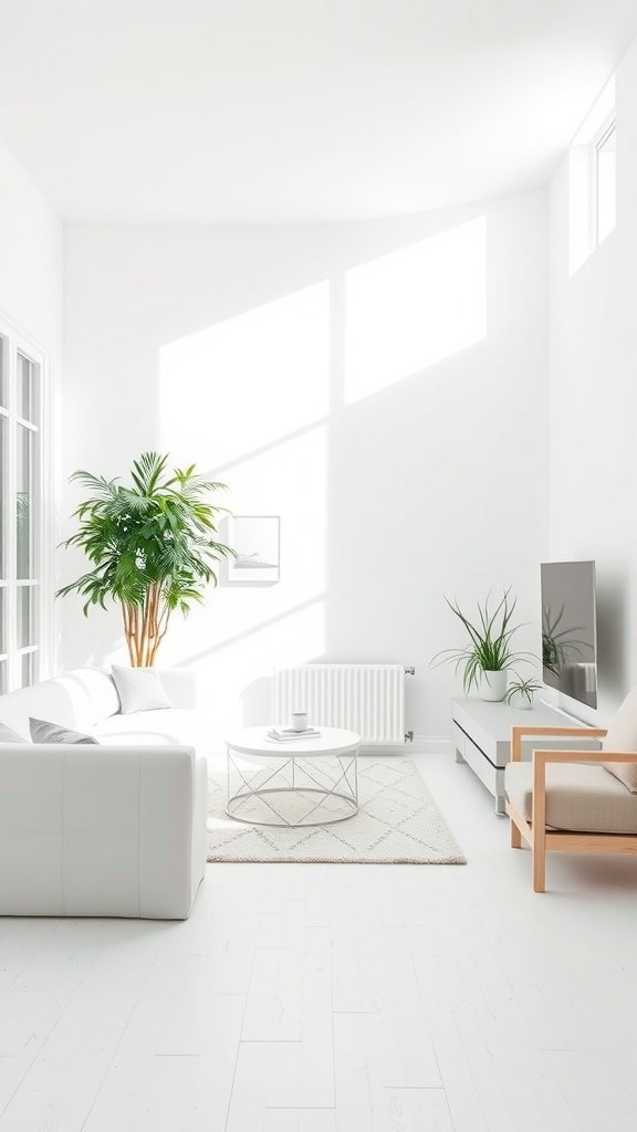 Bright Scandinavian style living room with white furniture and plants.