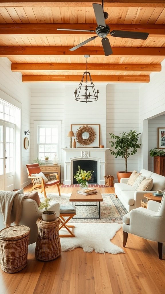 Modern farmhouse living room with white walls and wooden accents.