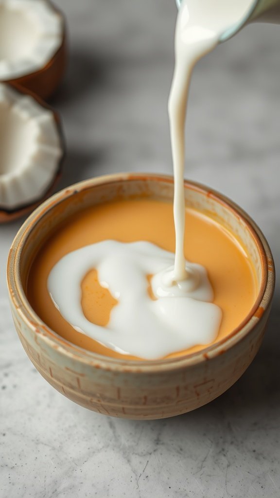 A creamy broccoli and red lentil soup garnished with coconut milk and parsley
