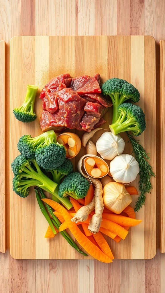 Overhead view of ground beef and broccoli stir-fry ingredients on a wooden cutting board