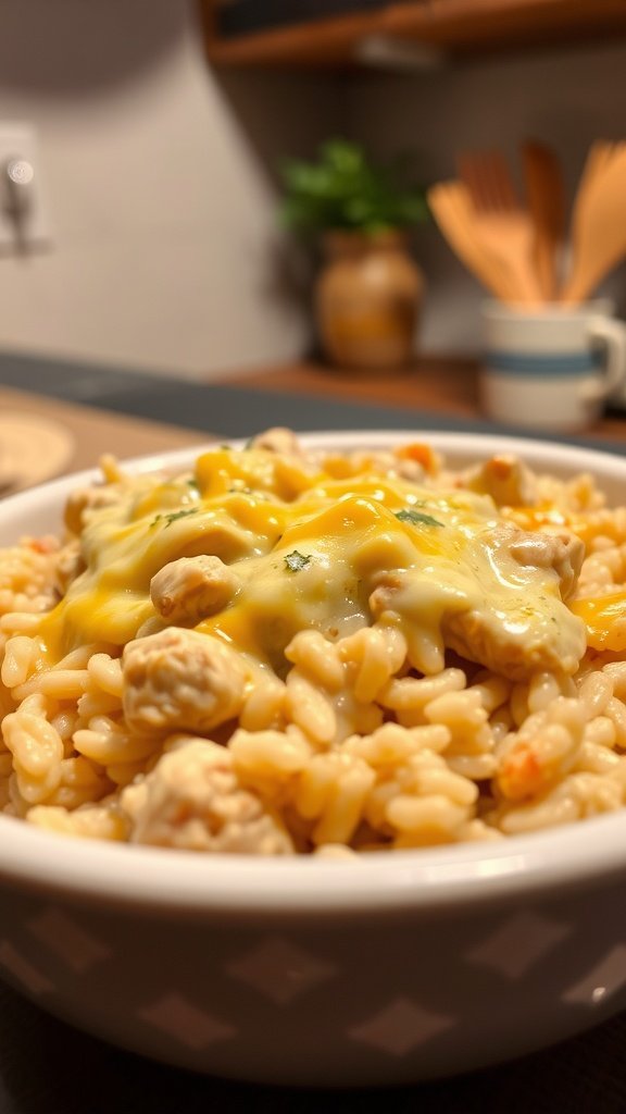 A cozy kitchen scene featuring a black slow cooker filled with creamy chicken and rice topped with cheddar cheese.