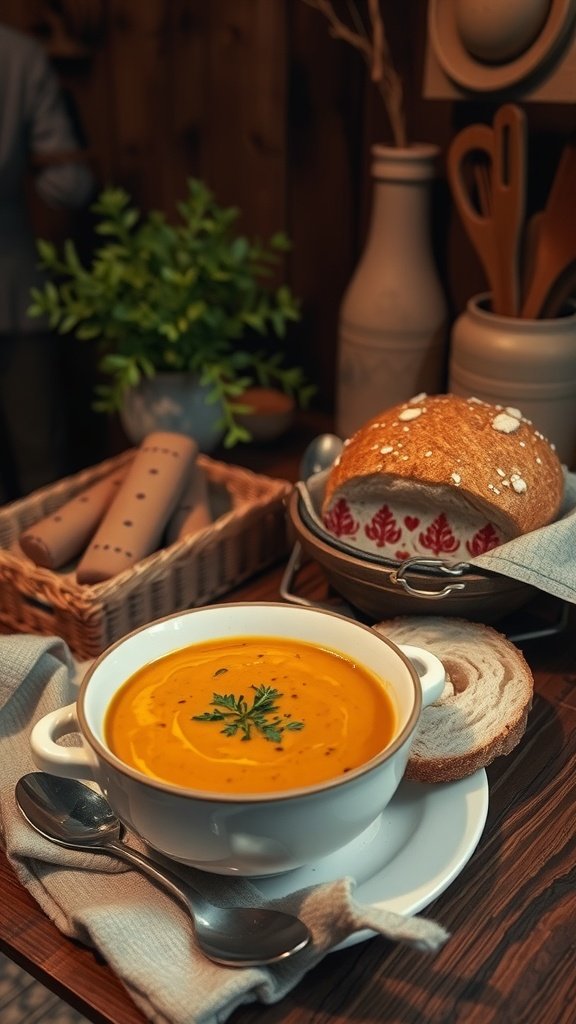 A rustic bowl of creamy broccoli and red lentil soup served with bread.