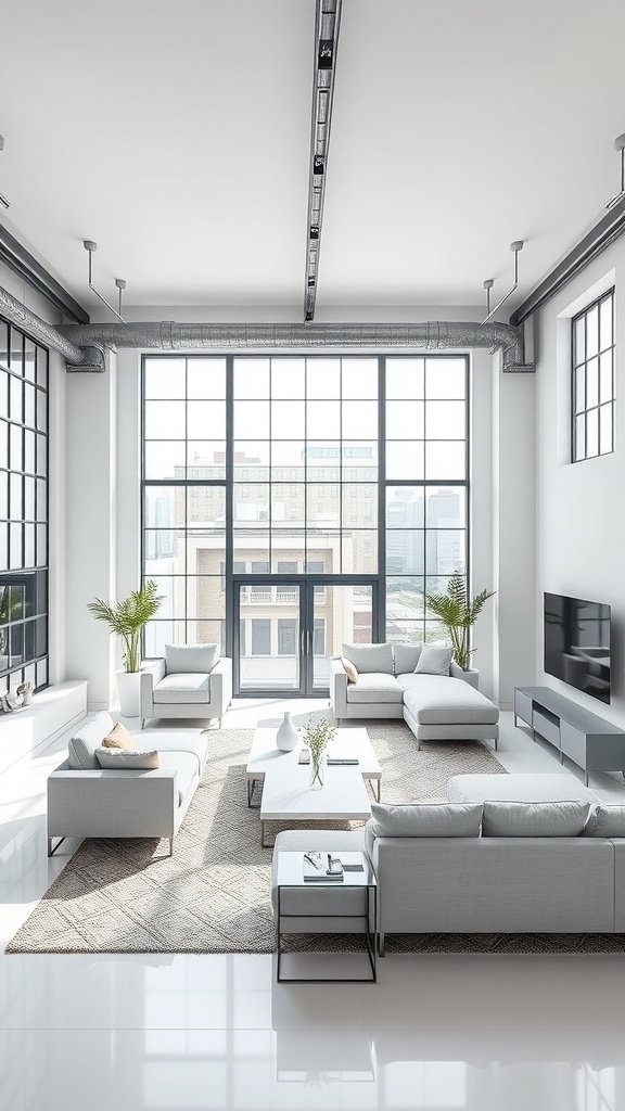 A contemporary white urban loft featuring sleek furniture and large windows.