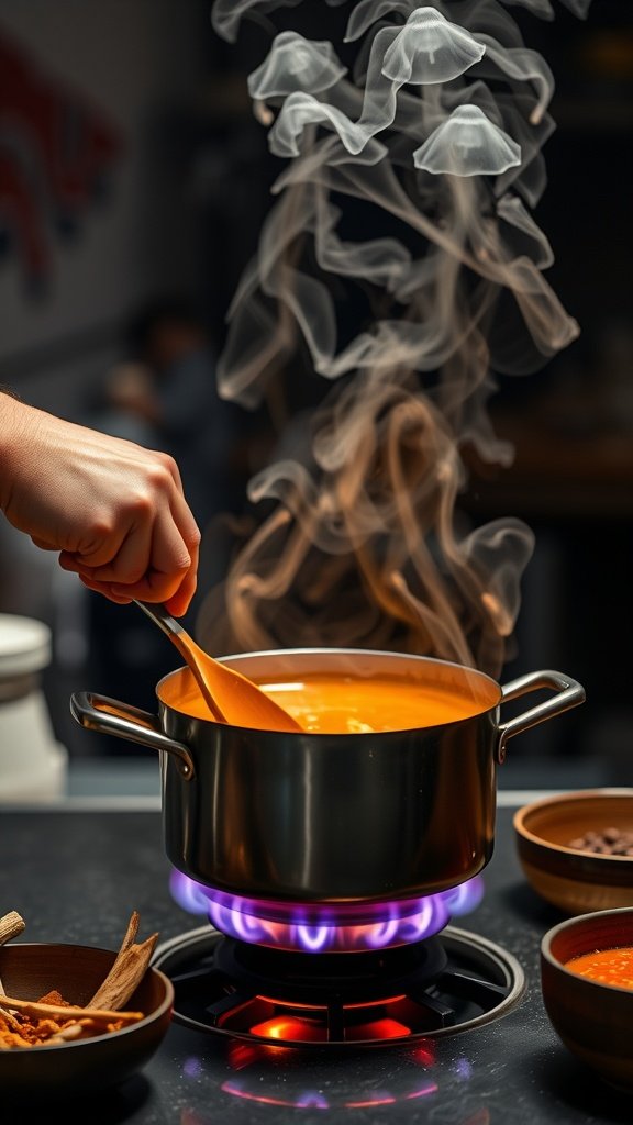 A steaming bowl of Thai Red Curry with chicken, bell peppers, and basil.