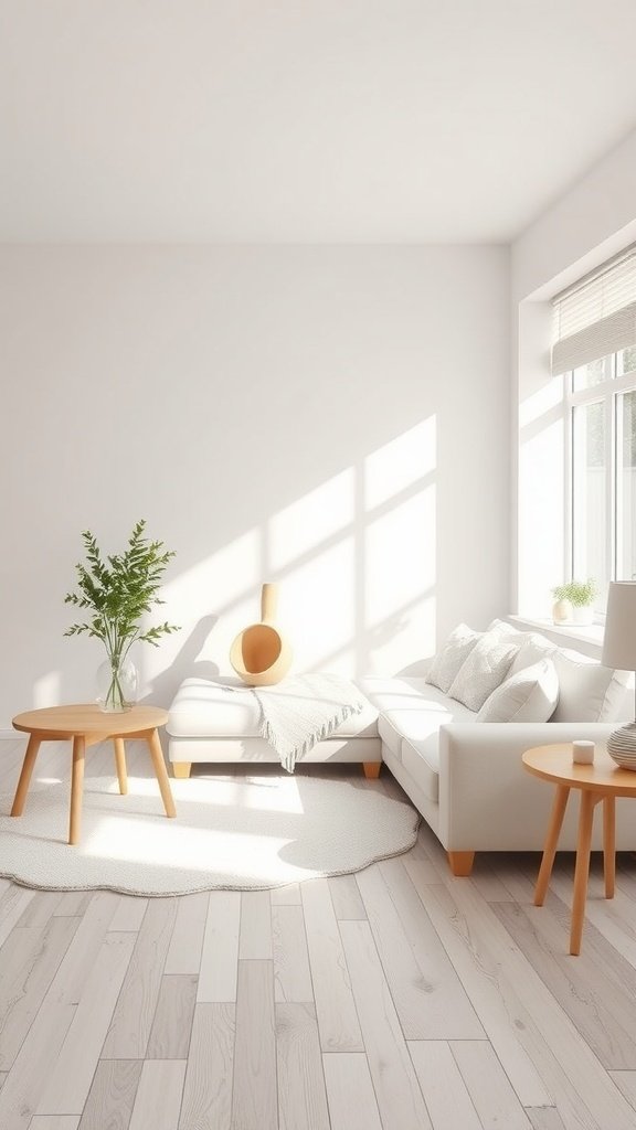 Cozy minimalist white living room with light wood furniture and bright natural light.