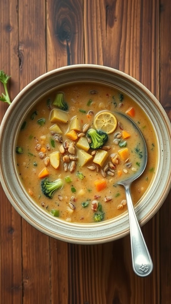 A rustic bowl of creamy broccoli and red lentil soup, garnished and ready to serve.