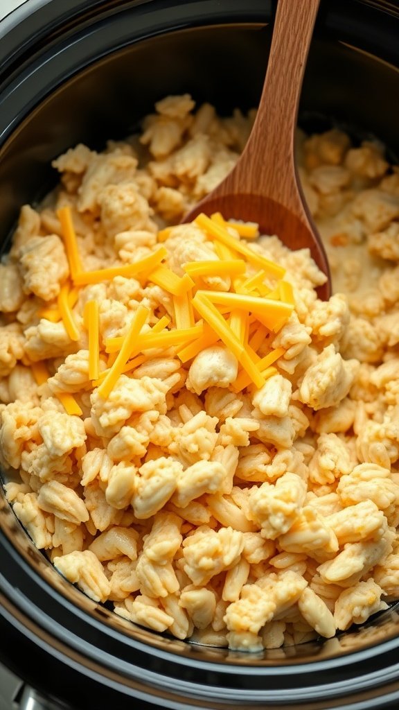 A black slow cooker filled with creamy chicken and rice topped with cheddar cheese.