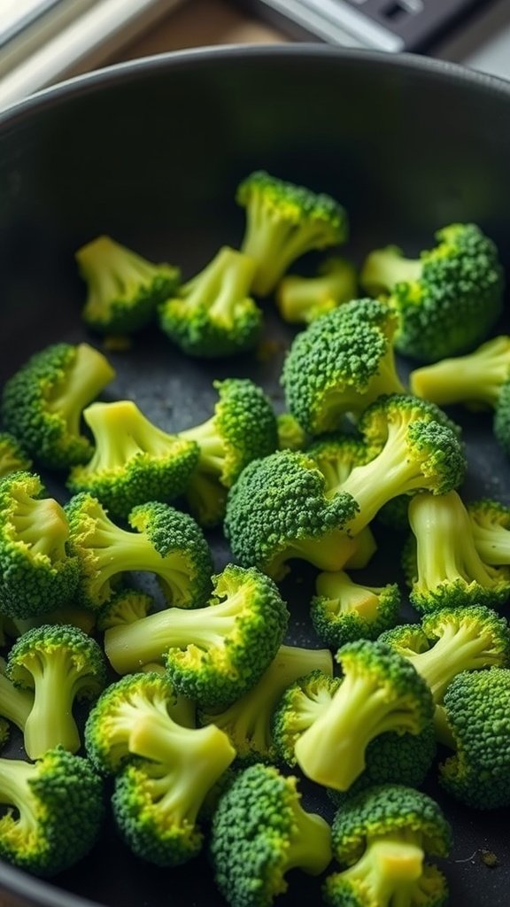 A close-up of vibrant broccoli florets in a skillet, ready for stir-fry.