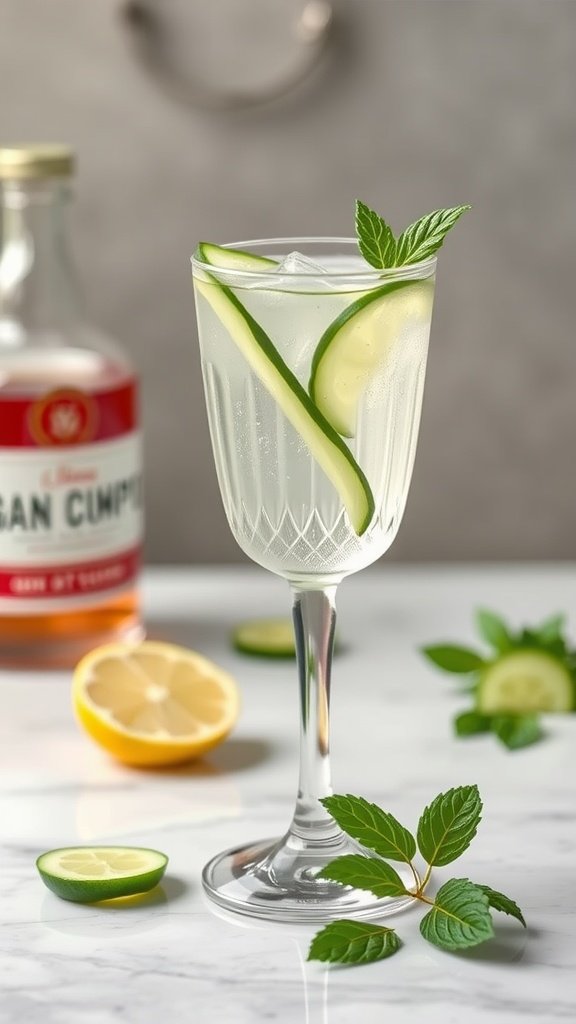 A refreshing Cucumber Gin Fizz cocktail served in a glass with cucumber slices and mint leaves.