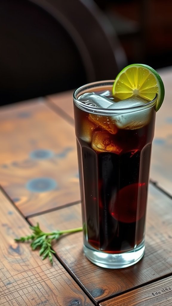 A refreshing Dark and Stormy cocktail topped with a lime wedge.