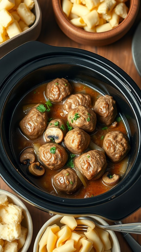 Hearty Salisbury Steak Meatballs with Gravy Slow cooker with Salisbury steak meatballs in gravy, garnished with parsley, surrounded by mashed potatoes and egg noodles.