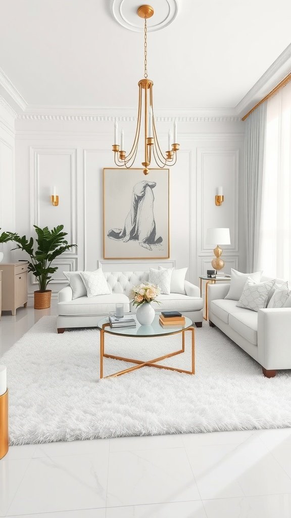 A stylish white living room with gold accents, featuring a chandelier, elegant furniture, and decorative plants.