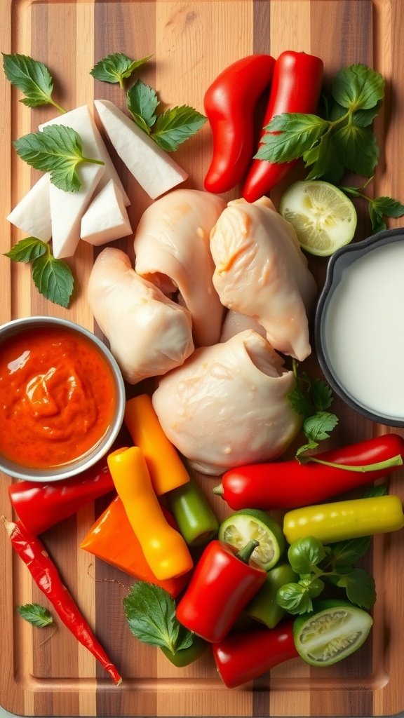 A colorful display of ingredients for Thai Red Curry including chicken, vegetables, coconut milk, and spices.