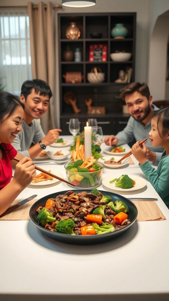 A family enjoying a vibrant ground beef and broccoli stir-fry dinner.