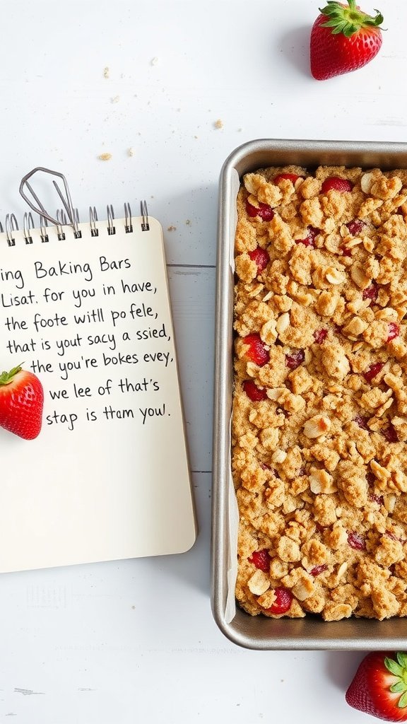 A freshly baked pan of strawberry oatmeal crumble bars with a notebook nearby.