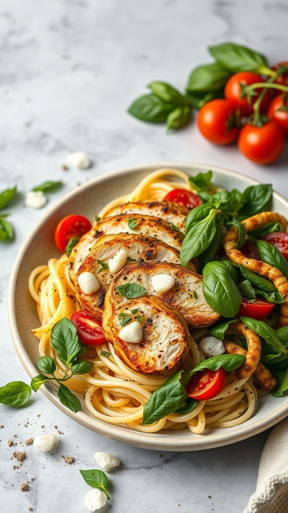 A bowl of bruschetta grilled chicken zoodle bowl with fresh ingredients.