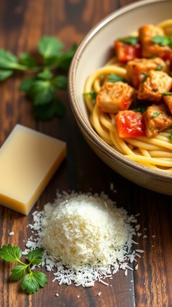 Bowl of Bruschetta Grilled Chicken Zoodle Bowl with Parmesan cheese