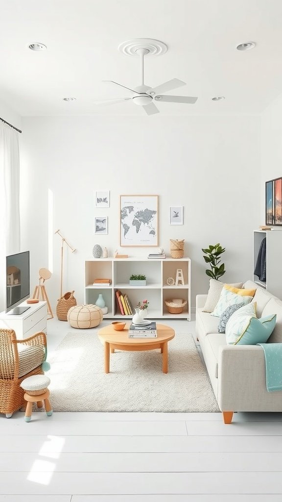 A bright, functional white living room with a sofa, coffee table, and decorative elements.