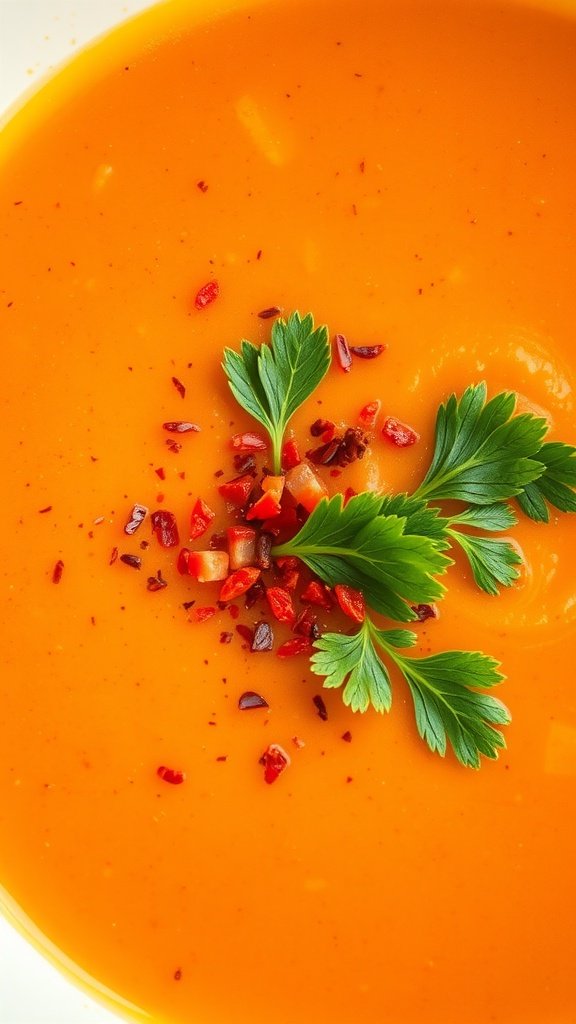 A creamy broccoli and red lentil soup garnished with red pepper flakes and parsley.