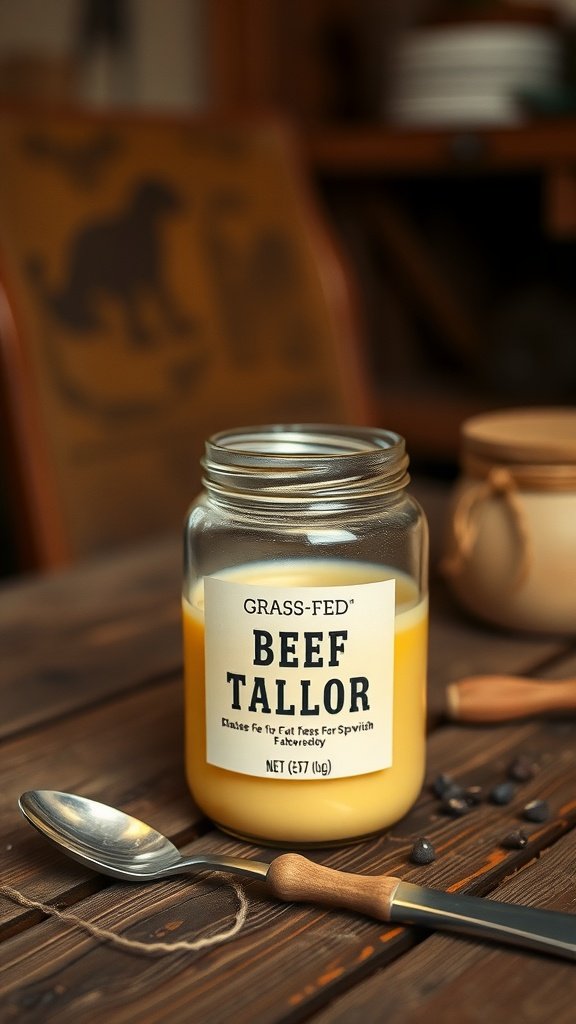 A jar of Grass-Fed Beef Tallow by Fatworks on a wooden table, with a spoon and rustic decor in the background.