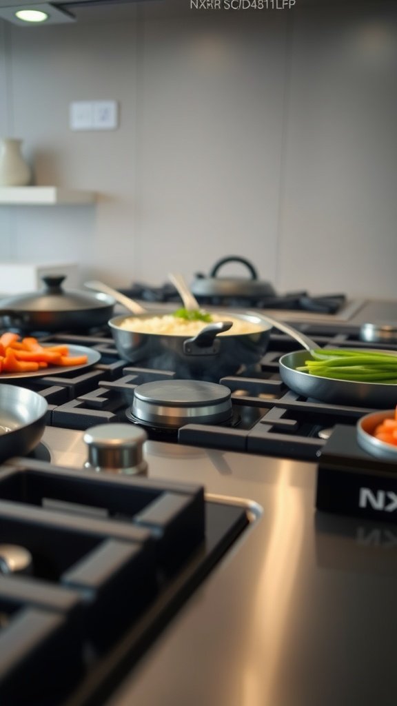Close-up of NXR SCD4811LP 36" Professional Dual Fuel Range with ingredients on the cooktop