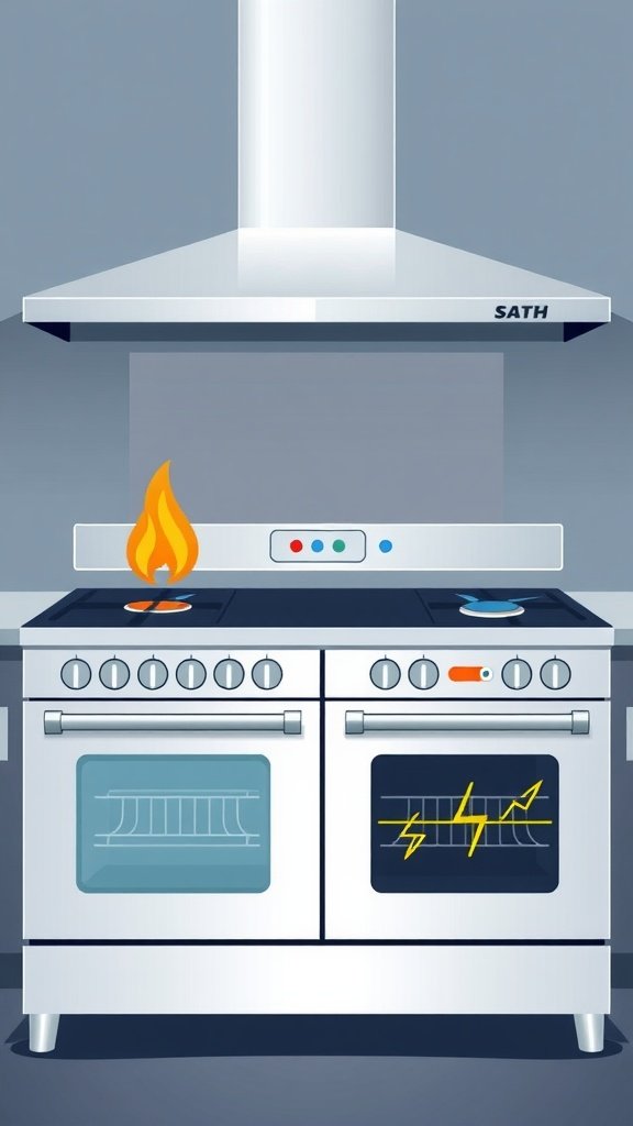 Illustration of a dual fuel range with gas burners and electric ovens.