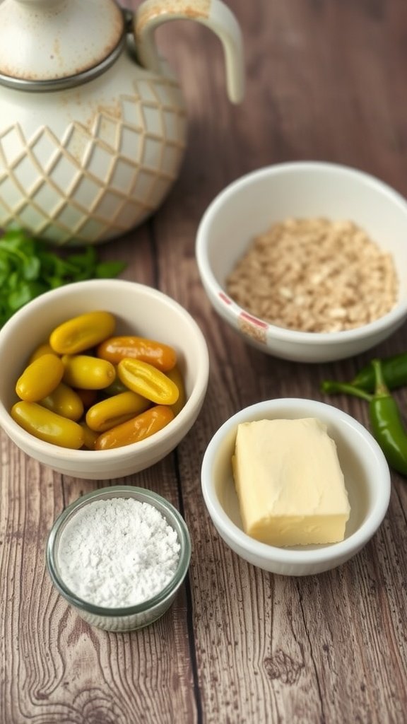 A rustic kitchen setting showcasing ingredients for Mississippi Chicken, including ranch seasoning, au jus gravy, butter, and pepperoncini peppers.