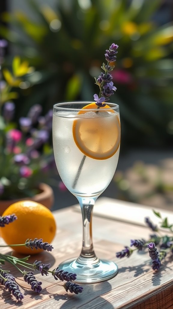 A refreshing Lavender Lemonade Spritz with lemon slices and lavender sprigs.