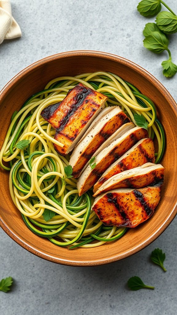 A colorful bowl featuring grilled chicken, sautéed zucchini noodles, and a fresh tomato bruschetta mixture.
